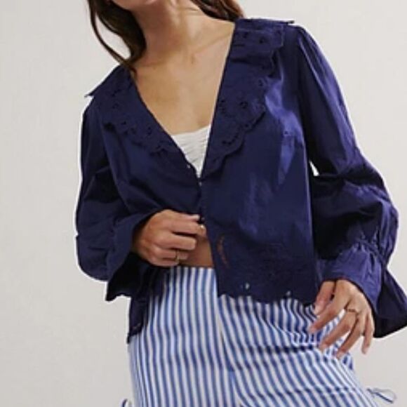 Free People Maisie Cutwork Top in Celestial Indigo - Picture 2 of 9